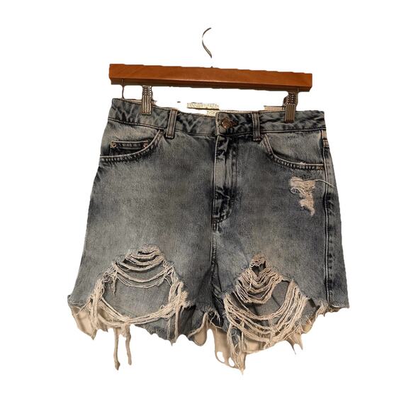 TopShop Mom Denim Shorts Womens Sz 6 Cut off Distressed Raw Hem‎ High Rise Boho - Picture 1 of 7